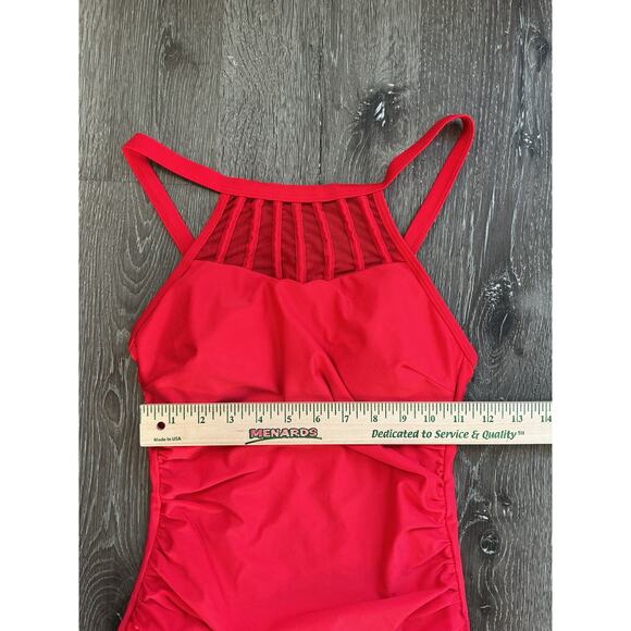 One Piece Ruched Side Halter‎ Neck Mesh Detail Red Bathing Swim Suit Womens XS - Picture 3 of 9